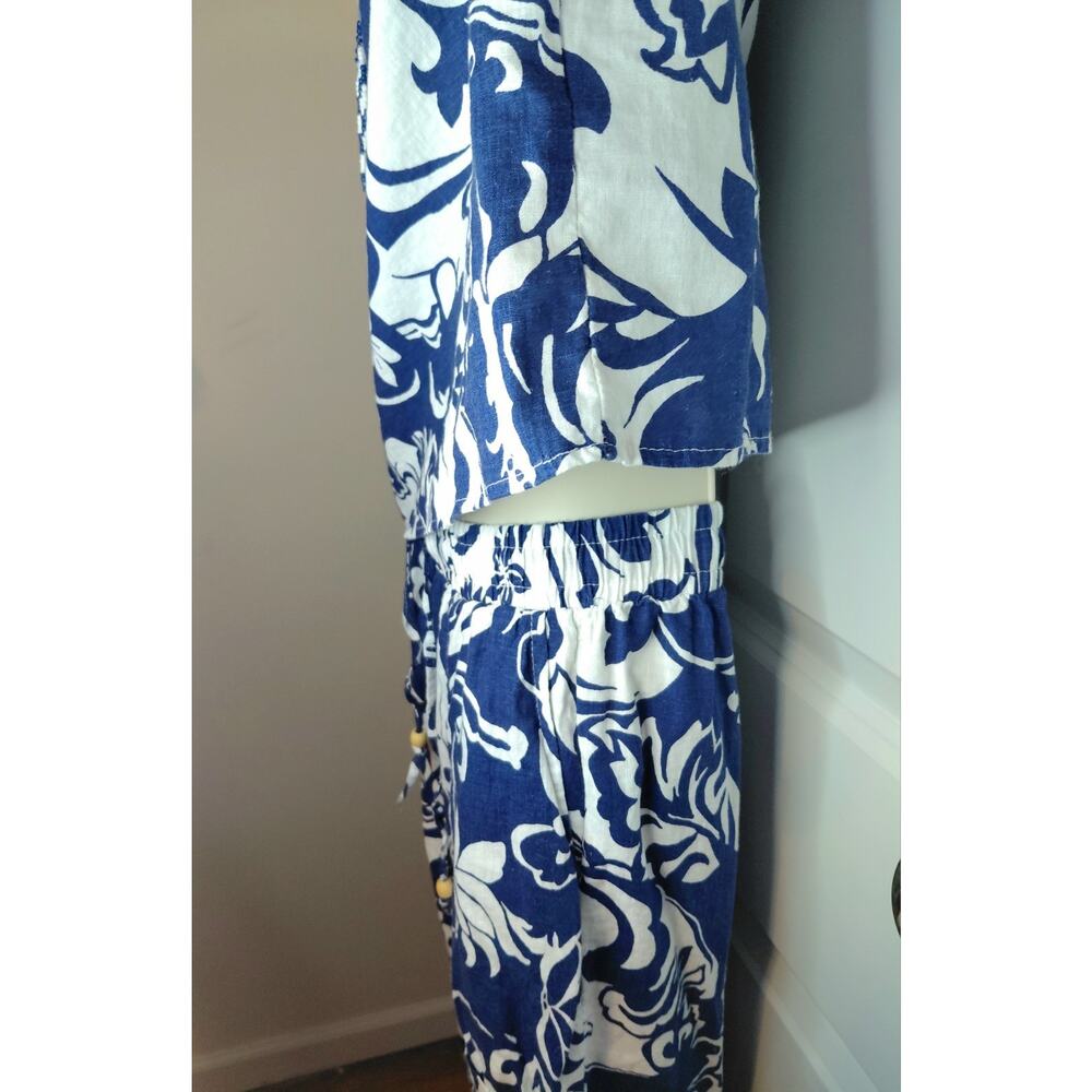 Christian Siriano Blue White Floral Resort Lounge Set Small Beaded Boho Linen - Picture 12 of 16